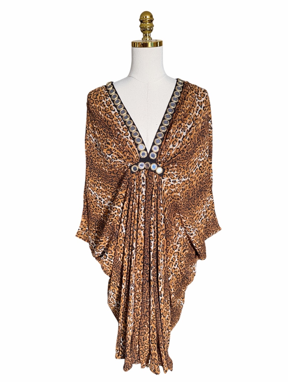 Naeem Khan 100% Silk Leopard Print Embellished V-Neck Kaftan Dress Women’s XL